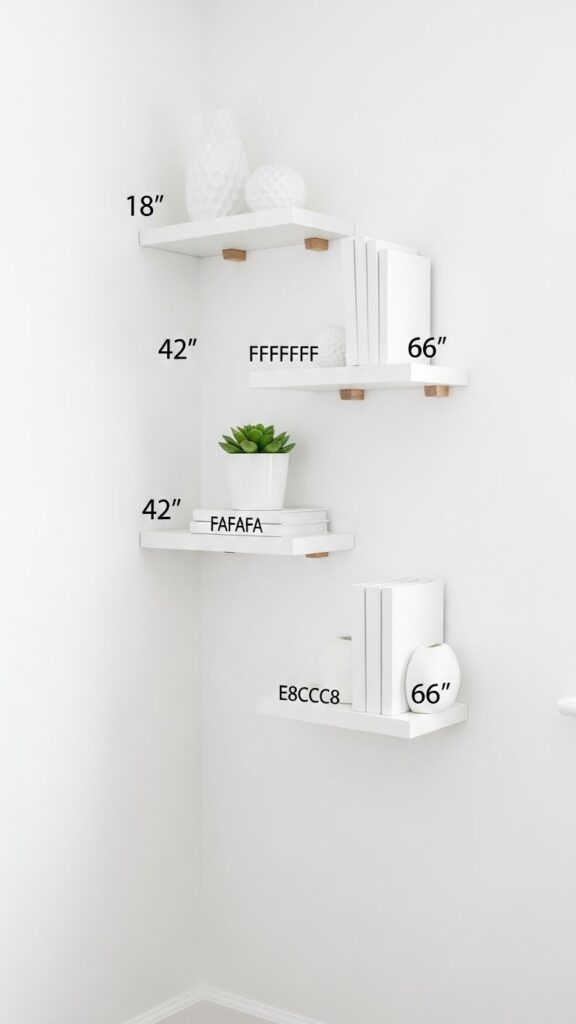 White floating shelves at staggered heights providing vertical storage without bulky furniture in small bedroom