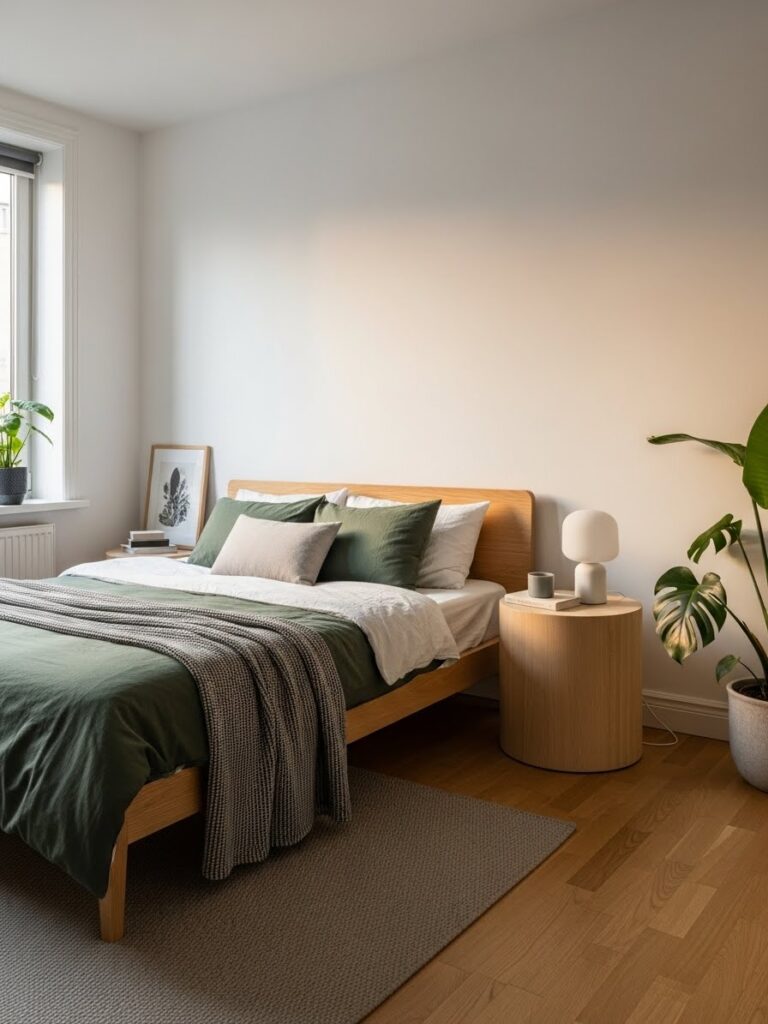 White and light wood bedroom color ideas for small rooms with natural modern styling