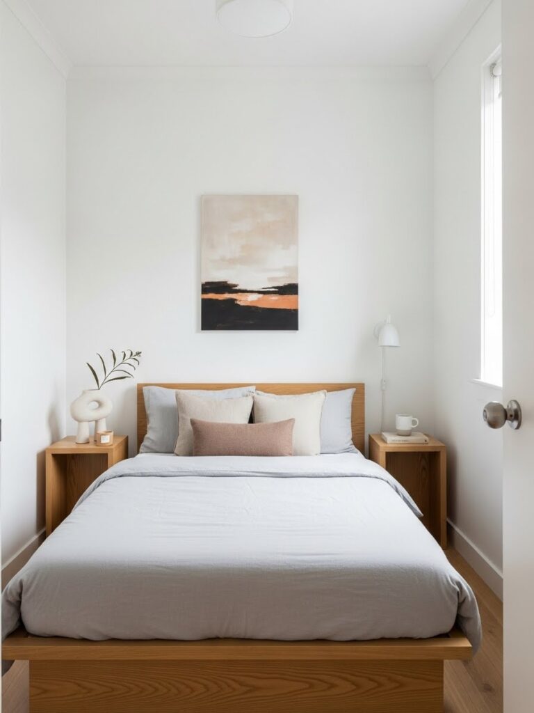 Scandinavian-style white and wood bedroom palette for small rooms
