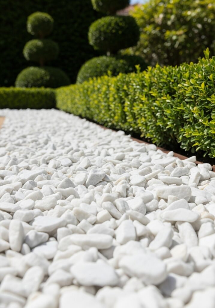  White marble chips creating bright Mediterranean-style garden border