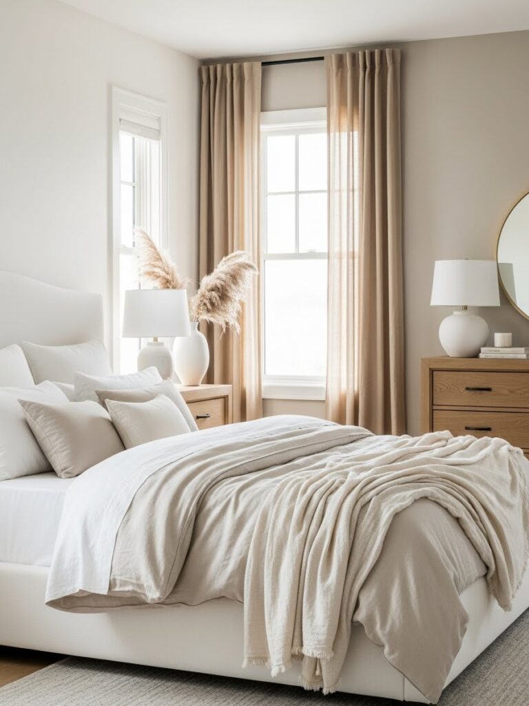 Elegant bedroom showcasing various white and neutral colors naturally through walls and decor creating peaceful harmonious palette