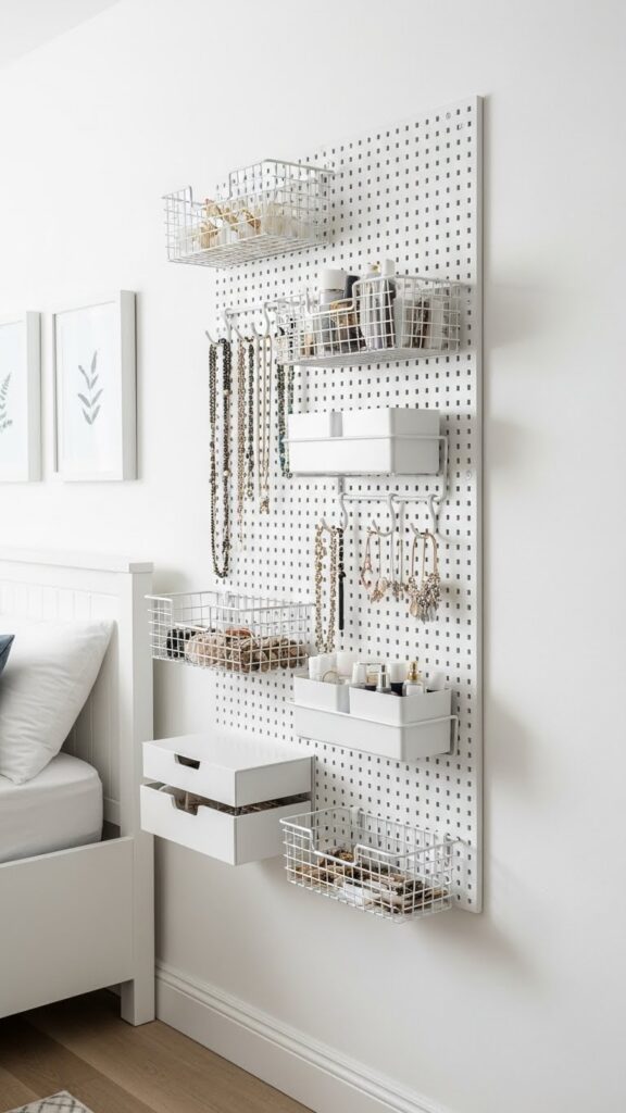 White painted pegboard with white hooks and baskets providing customizable vertical storage on bedroom wall