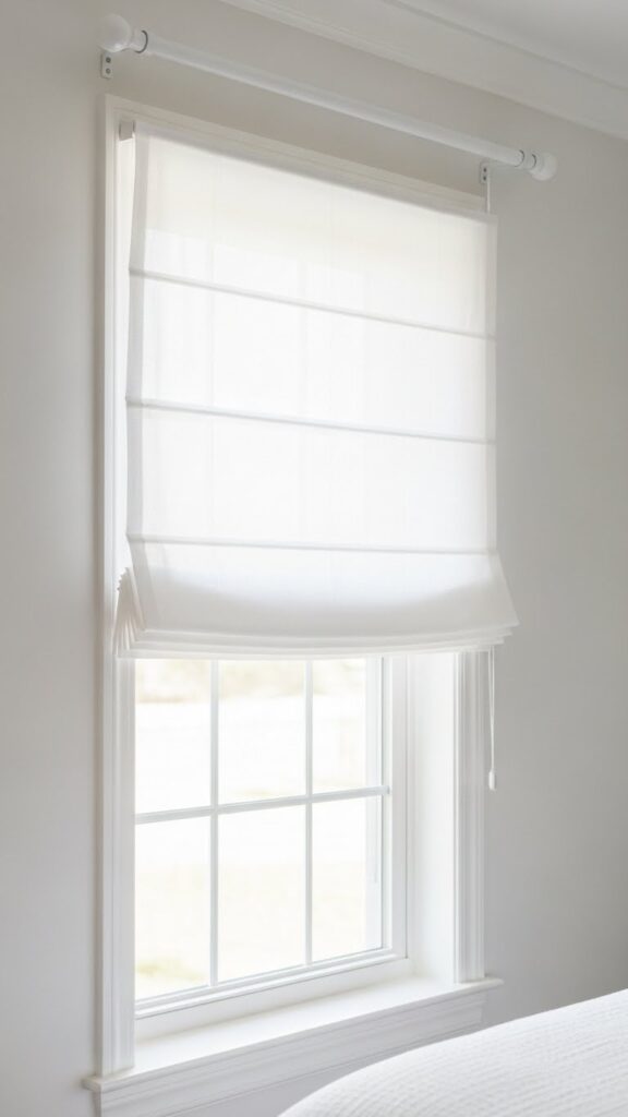 White roman shade partially lowered demonstrating adjustable light control in bedroom window