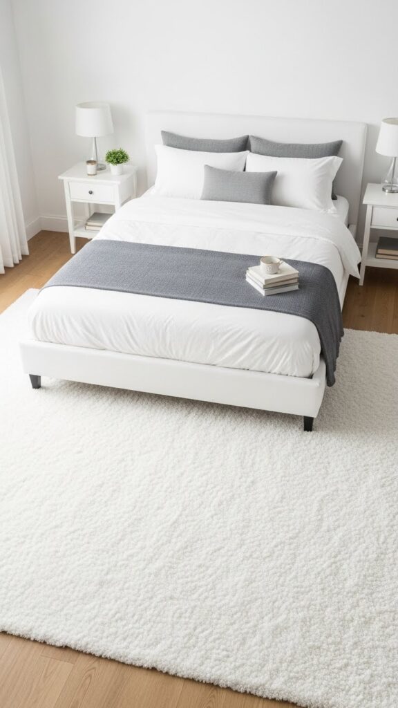 Overhead view of white shag rug properly sized under bed extending on three sides in bedroom