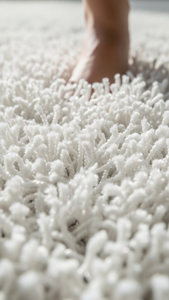 Macro closeup of white shag rug showing soft plush fiber texture and cozy comfort detail