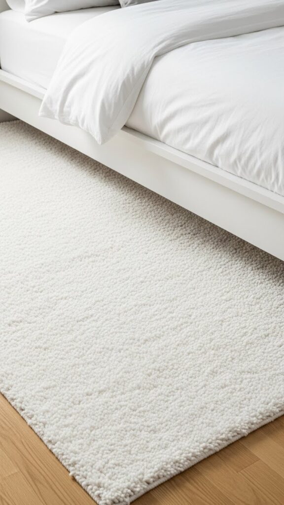 Plush white shag rug placed under bed extending 18 inches on sides creating cozy bedroom foundation