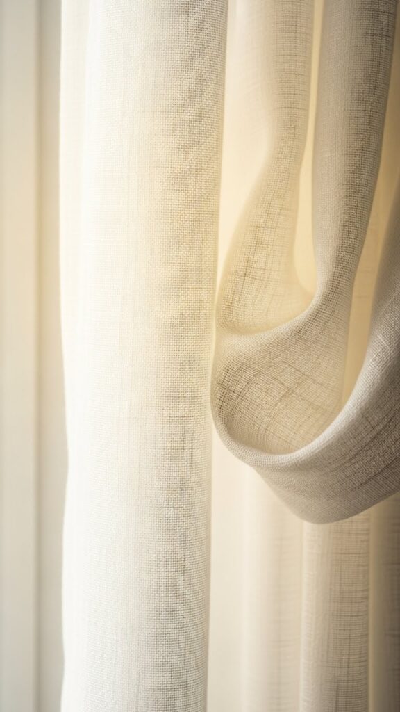 Closeup of white sheer linen curtain fabric showing delicate weave and light filtering quality