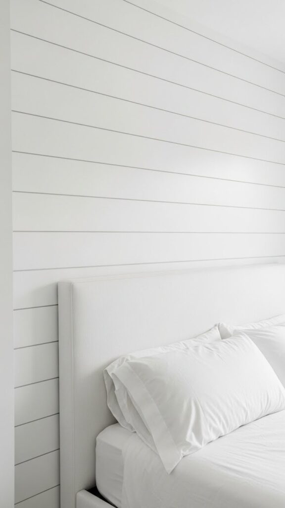 White painted shiplap accent wall behind bed creating subtle textured feature in bedroom