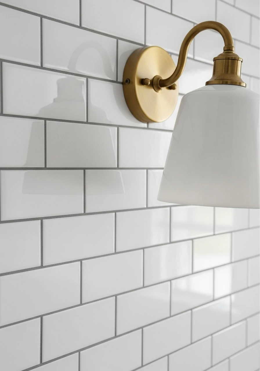White subway tile backsplash in brick pattern with gray grout
