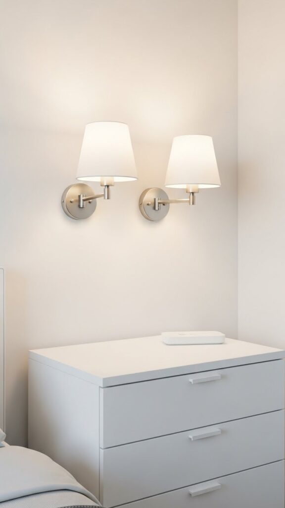 White wall-mounted sconces freeing nightstand surface space providing lighting without table lamps in small bedroom