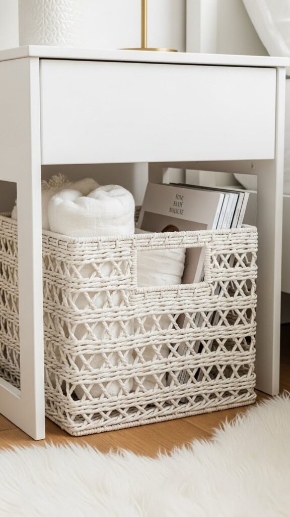 White woven seagrass basket under nightstand providing hidden storage for blankets in bedroom