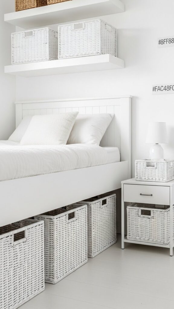 White woven storage baskets under bed and on shelves providing hidden storage while maintaining airy feel in small bedroom