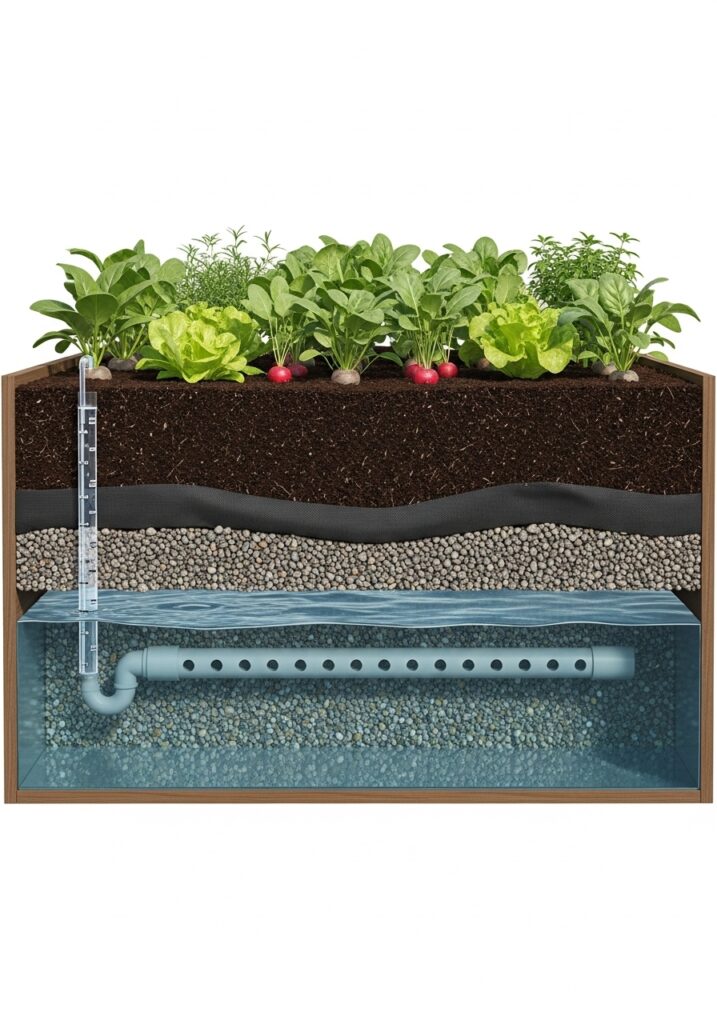 Cross-section of wicking bed raised garden showing water reservoir and soil layers