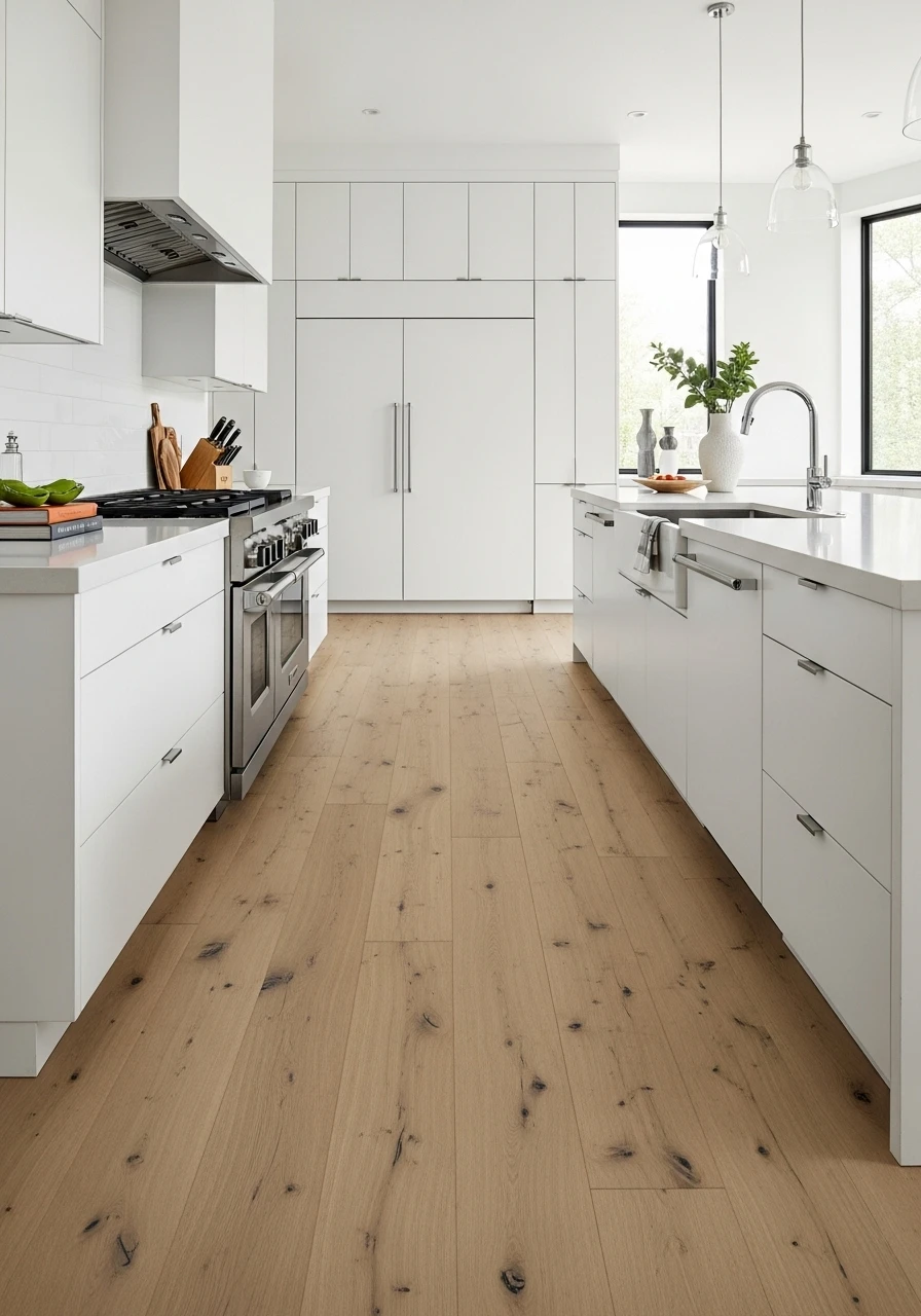 Kitchen with wide plank white oak hardwood flooring and modern white cabinets