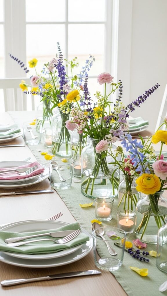 Wildflower arrangements used as an effortless spring tablescape centerpiece