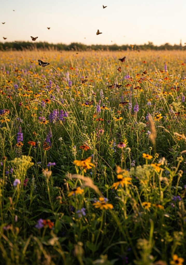 Wildflower meadow garden with native flowers and grasses in natural mix