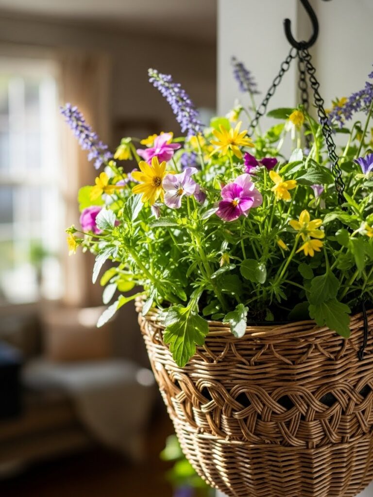 Close-up of hanging wall basket with colorful wildflowers for spring home decor