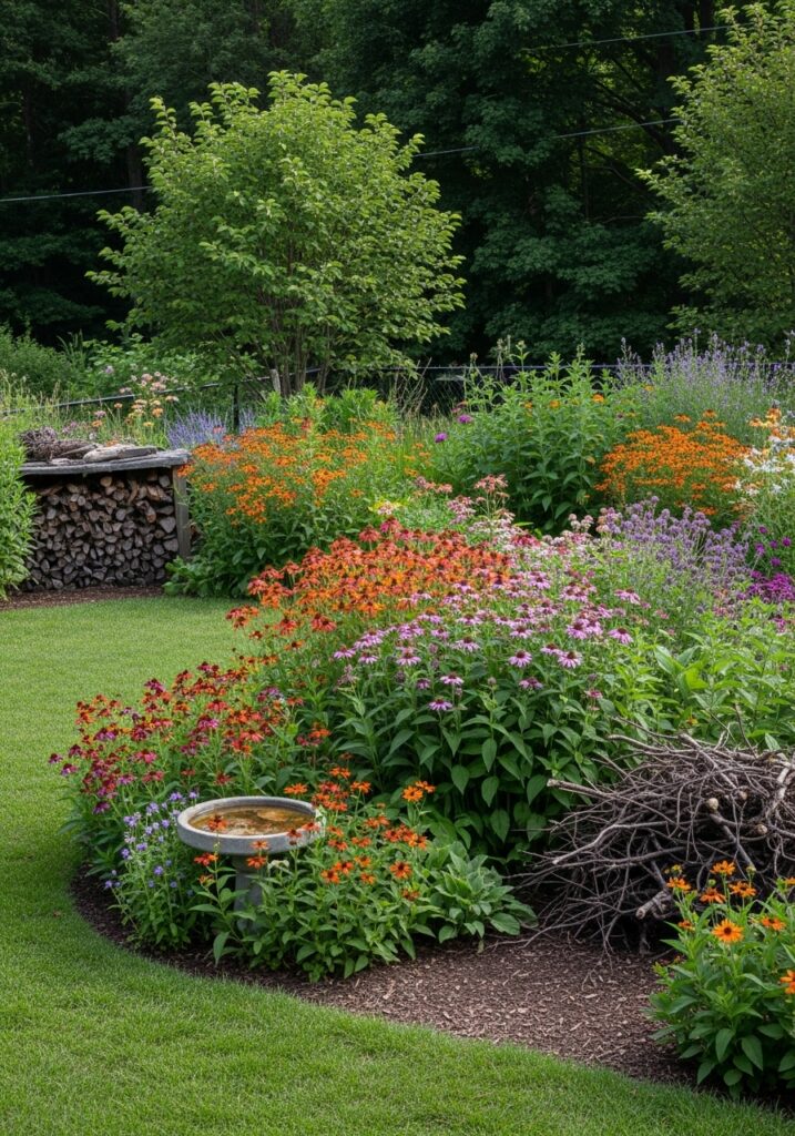 Wildlife-friendly garden with native plants, bird bath, and varied habitat layers