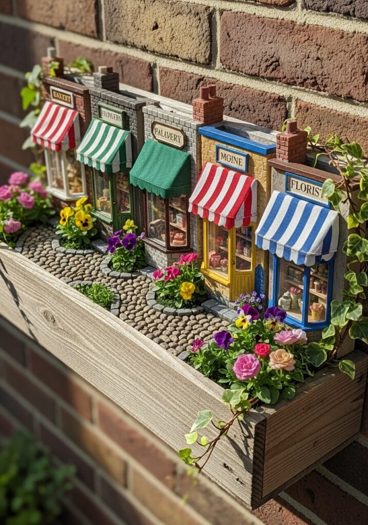 Window box fairy garden designed as miniature village street with shops