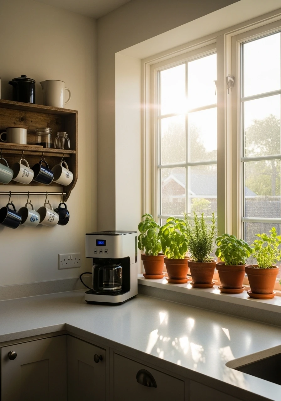 Deep window ledge coffee station with natural morning light, herbs, and wall-mounted mug shelf