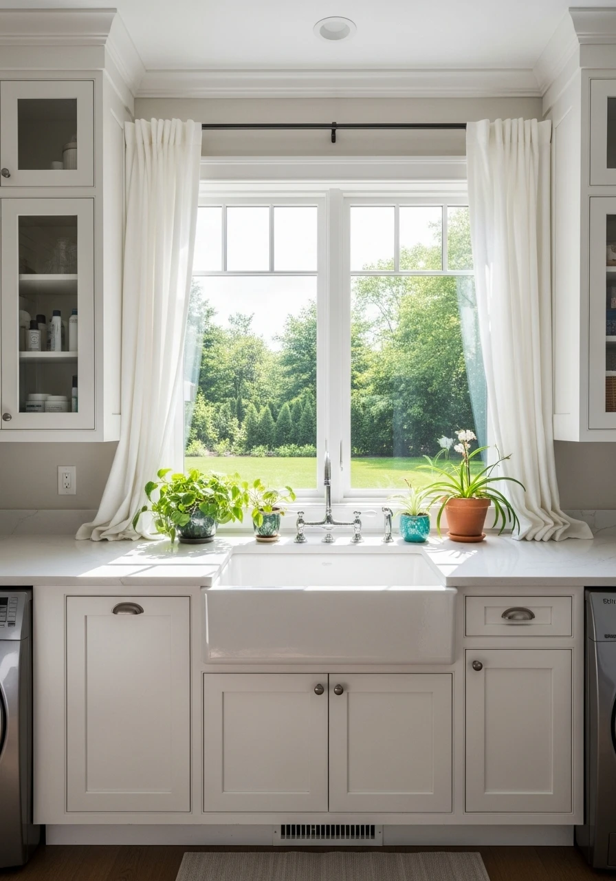 Large window bringing natural light into laundry room above sink