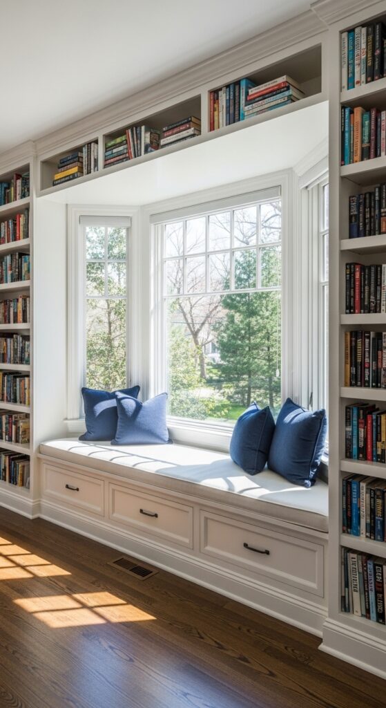 Cozy window seat reading nook with built-in bookshelves and storage beneath cushioned bench