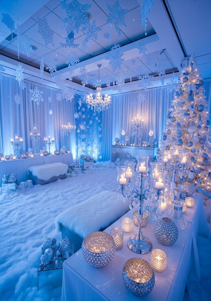 Winter wonderland baby shower with white and silver snowflake decorations