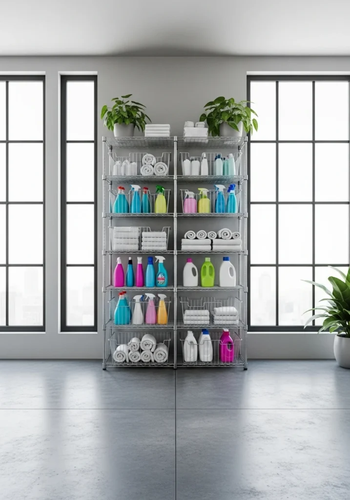 Industrial wire basket shelving in modern laundry room
