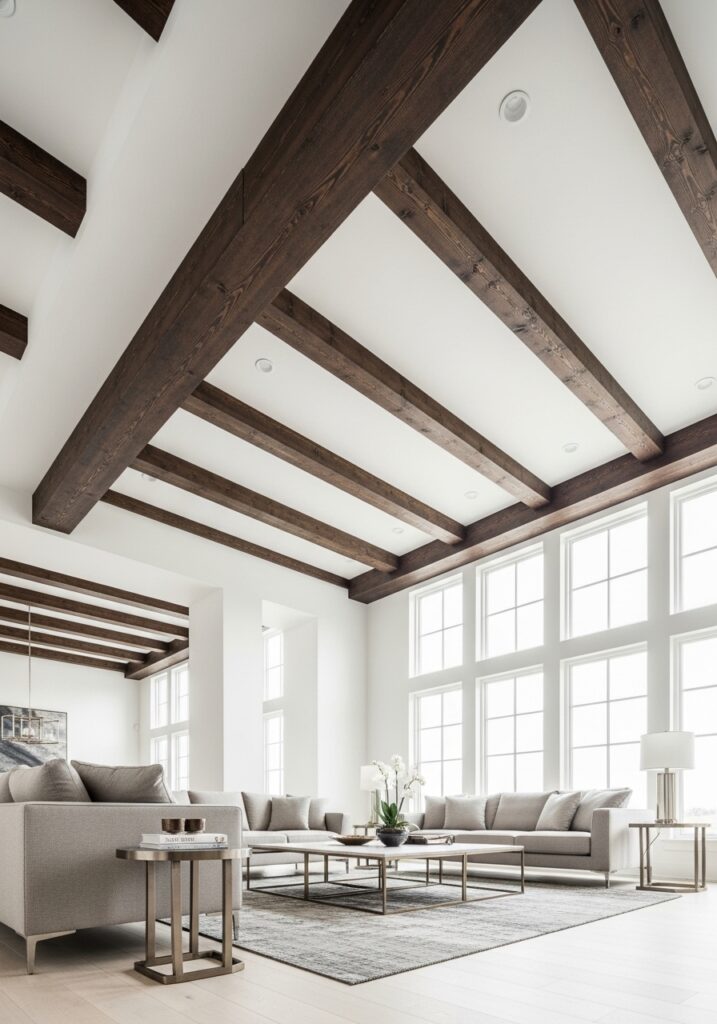  Living room with exposed wooden ceiling beams adding warmth