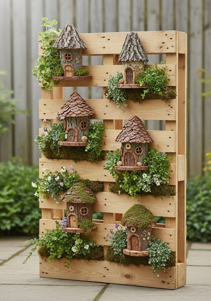 Vertical wooden pallet with fairy houses attached creating village effect