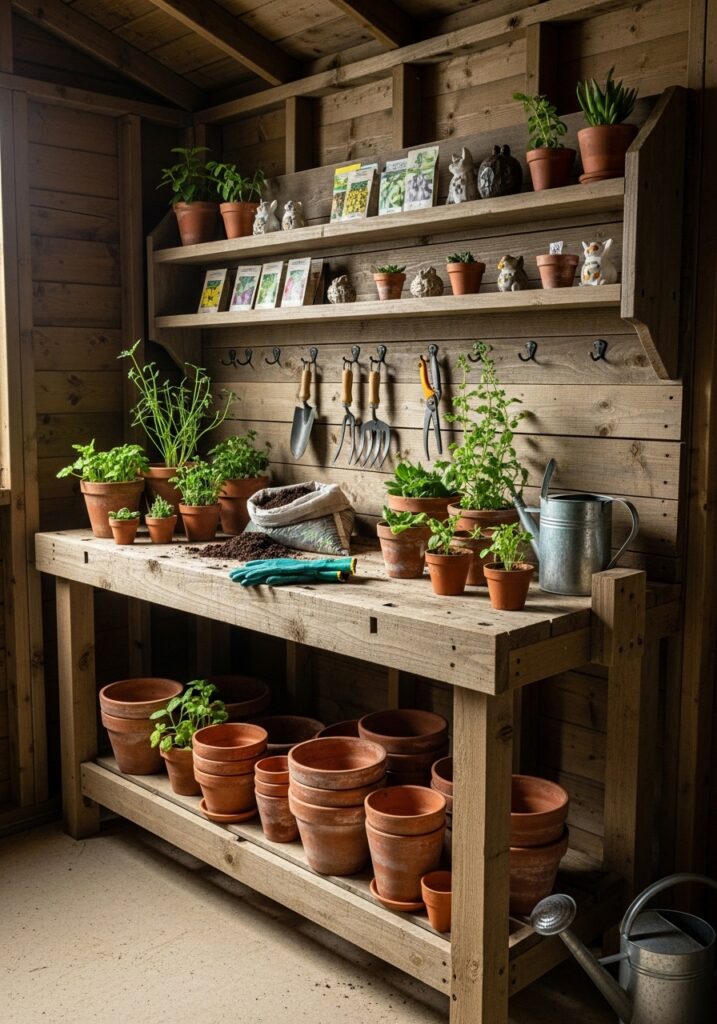 Rustic wooden potting bench with shelves and workspace creating organized garden station