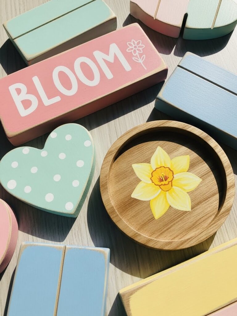 Small wooden spring crafts used for seasonal home decor