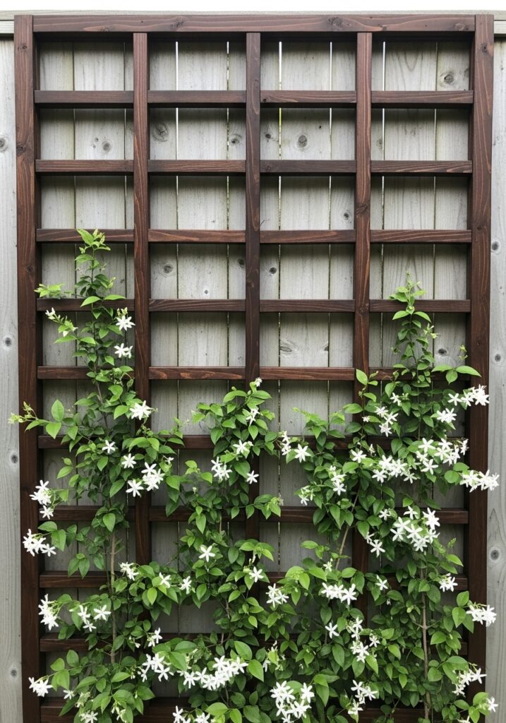 Large wooden trellis mounted on fence with climbing jasmine creating fragrant living wall