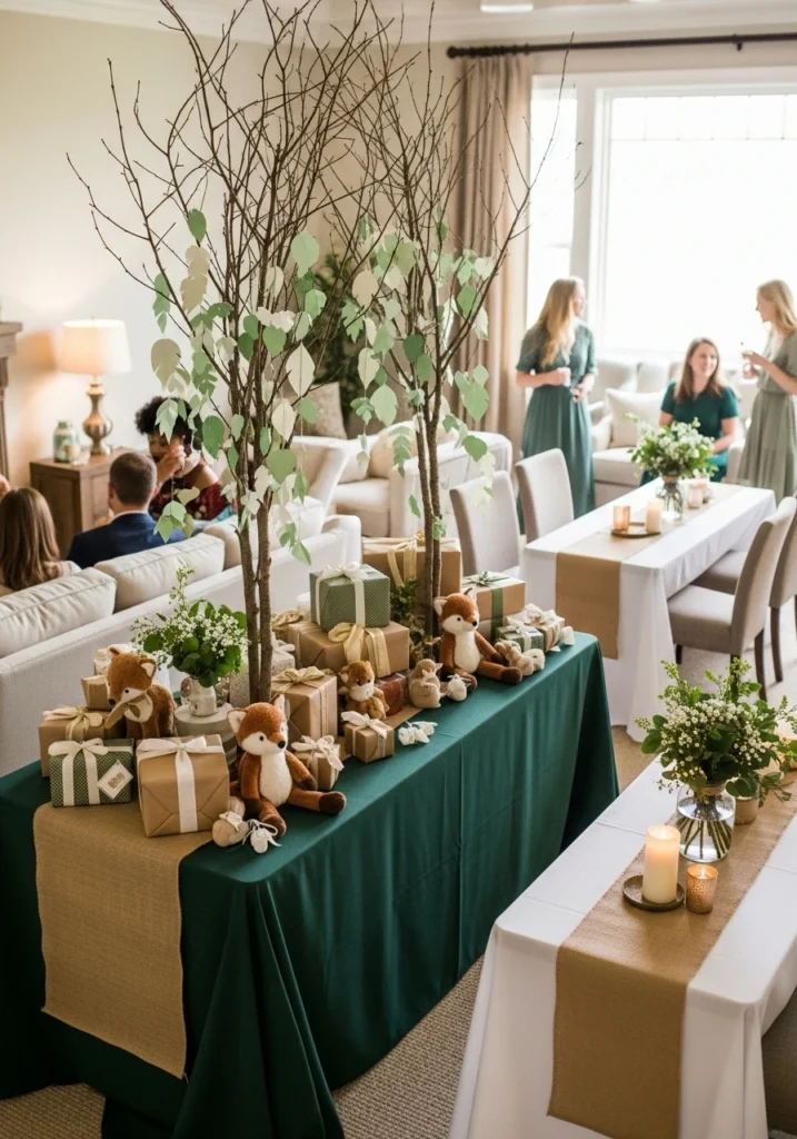 Woodland creatures themed baby shower with forest animals and natural decorations