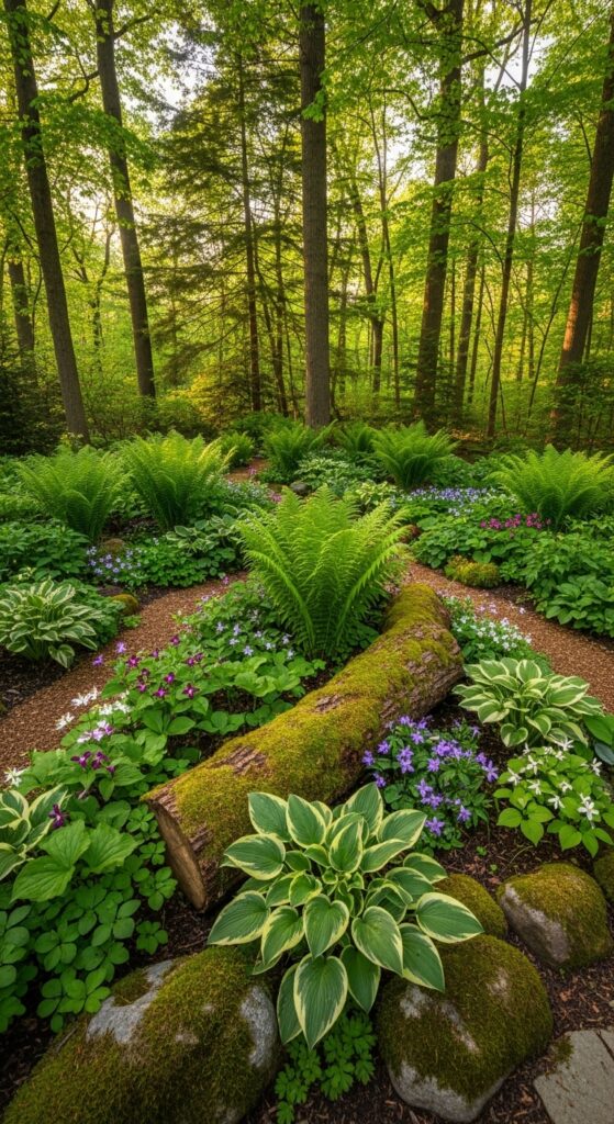 Natural woodland garden retreat with ferns, native wildflowers, and moss-covered stones