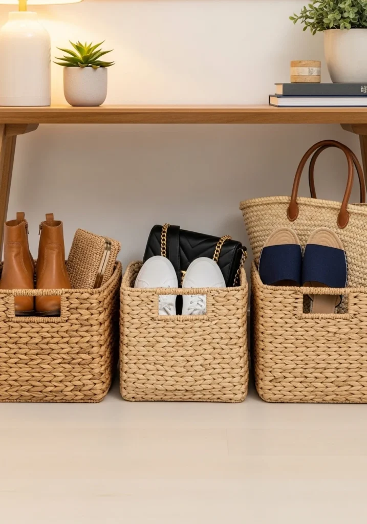 Woven storage baskets under entryway console table