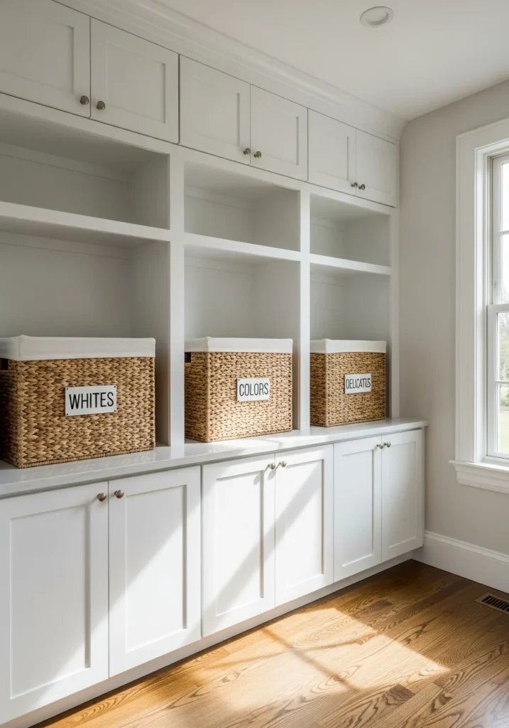 Woven baskets in built-in cubbies for laundry sorting