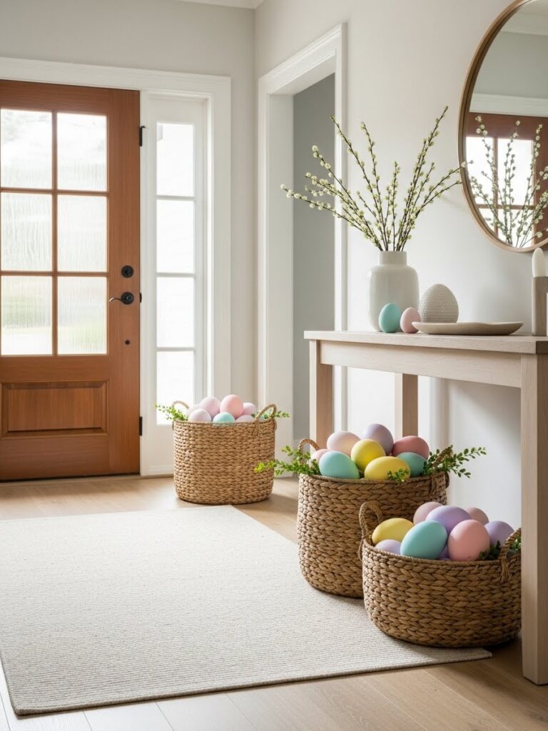 Woven baskets filled with painted eggs creating colorful spring foyer decor indoors