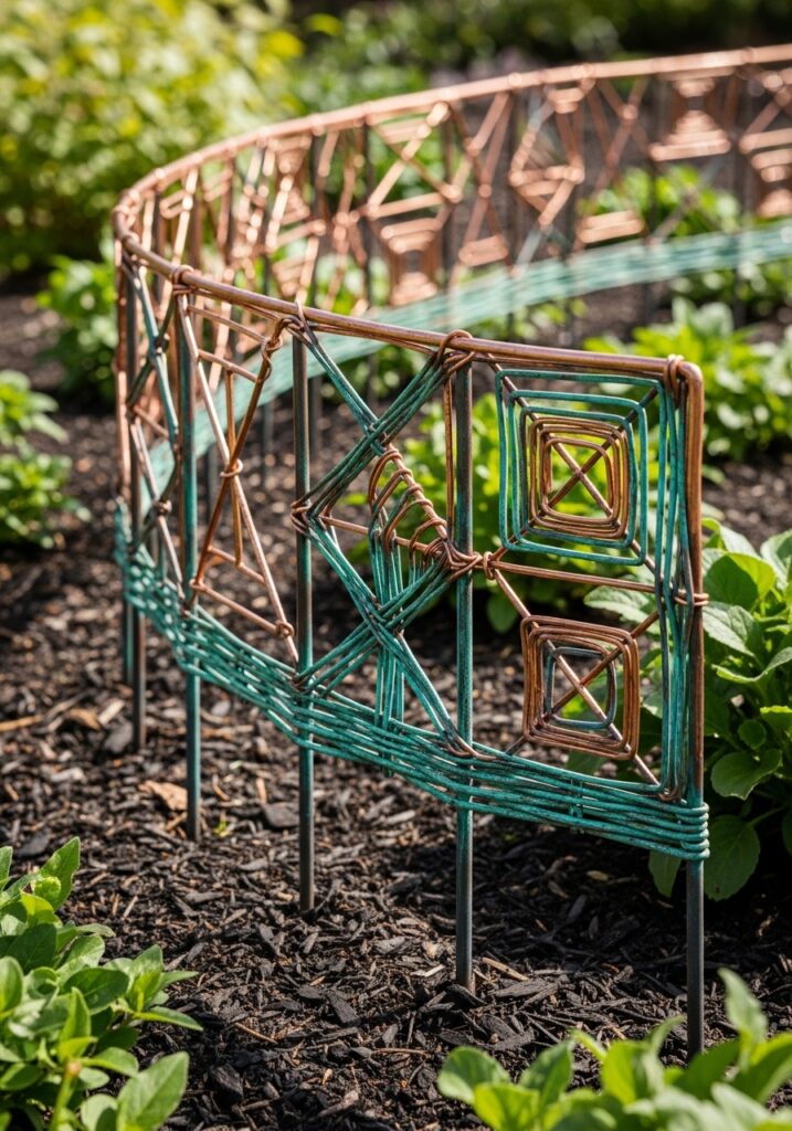 Woven copper wire creating artistic sculptural garden border with patina