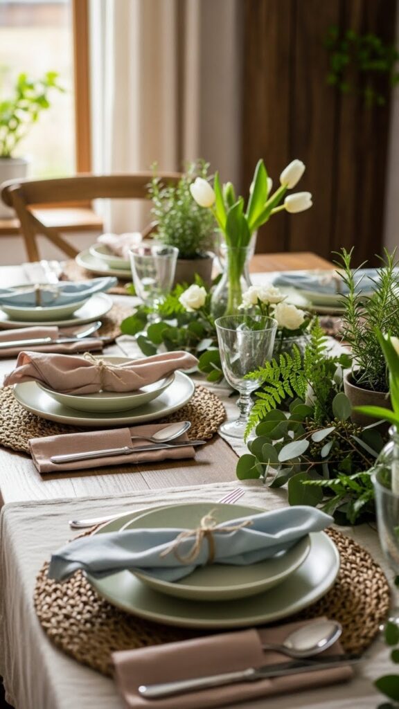 Woven placemats adding texture to a spring tablescape