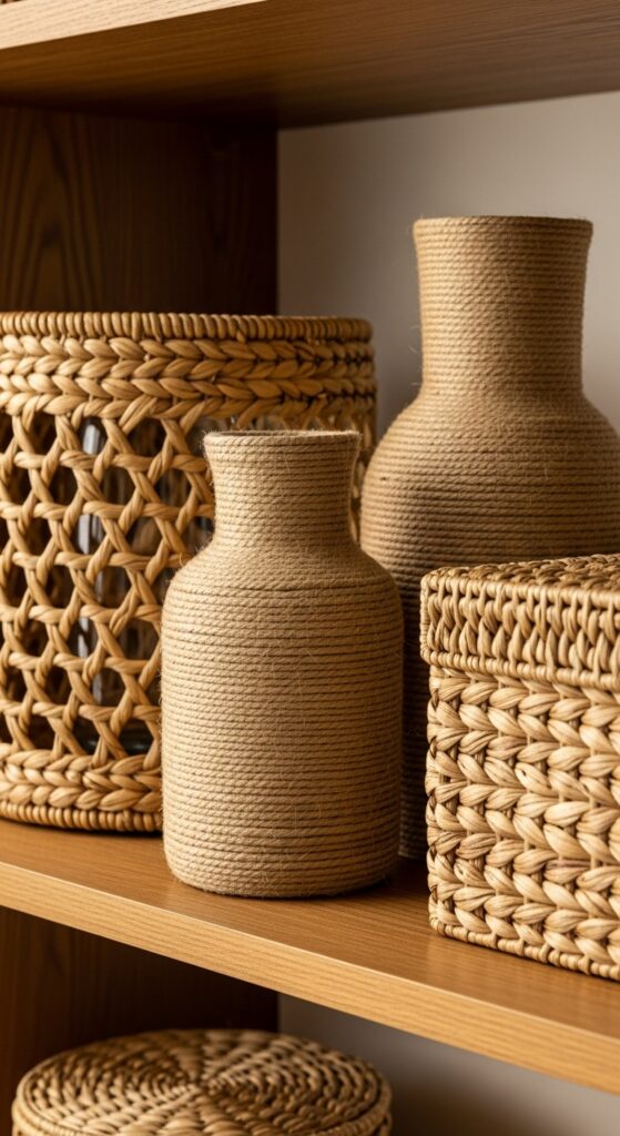 Woven rattan, jute, and seagrass elements on shelf adding natural texture