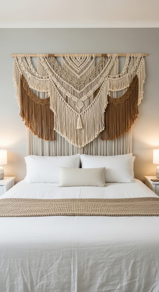 Bedroom with large macrame wall hanging serving as textural headboard alternative