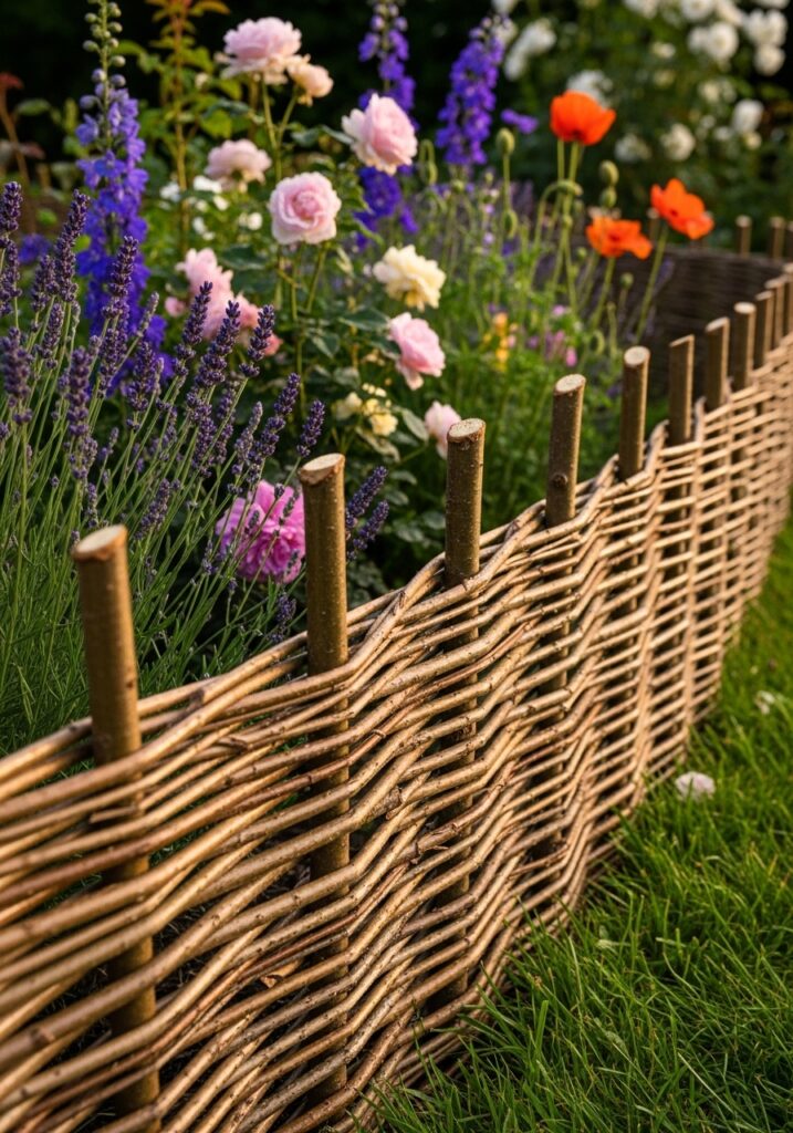 Woven willow branch border creating rustic cottage garden edge