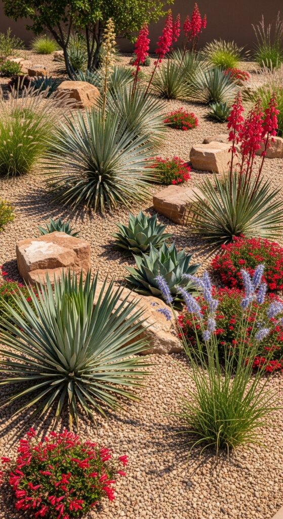 Xeriscape garden featuring drought-tolerant plants, gravel mulch, and large boulders
