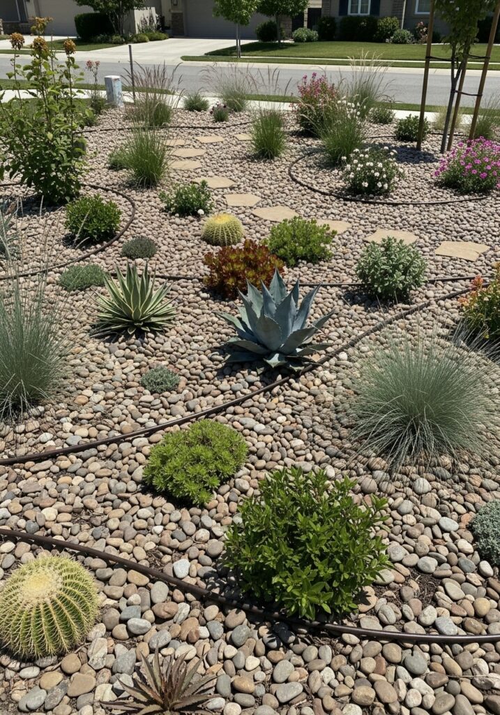 Xeriscape garden design with drought-tolerant plants and rock mulch

