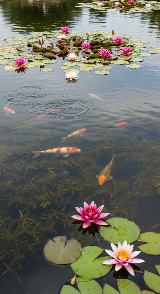  Pink and white lotus flowers blooming on pond surface with lily pads and koi fish