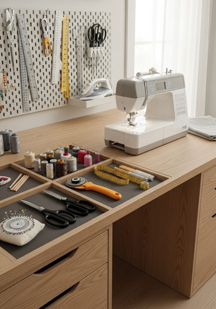 Dedicated sewing workstation with built-in storage and organized tools