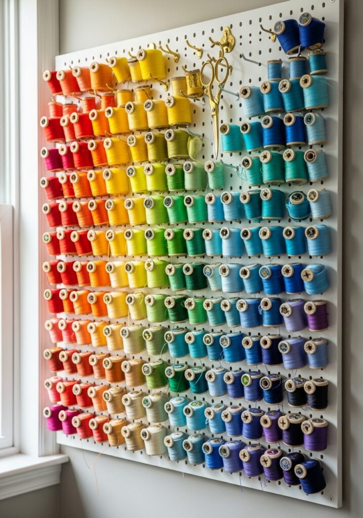 Rainbow organized thread display on white pegboard in sewing room