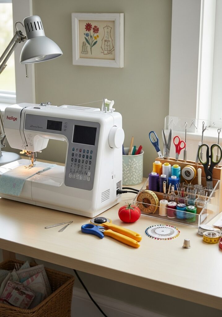 Dedicated sewing workstation with organized tools and stable sewing table