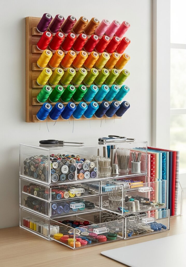Thread and notion organization system in sewing room